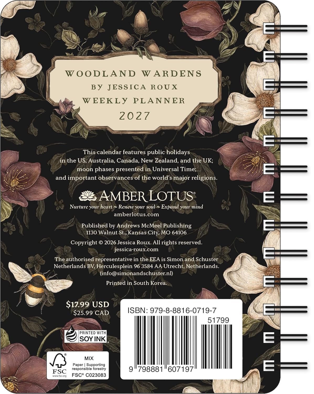 Back cover of a 2027 weekly planner with floral design and branding details.
