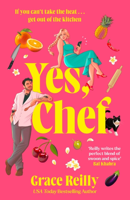Book cover of 'Yes, Chef' with a pink background, characters, and food items.