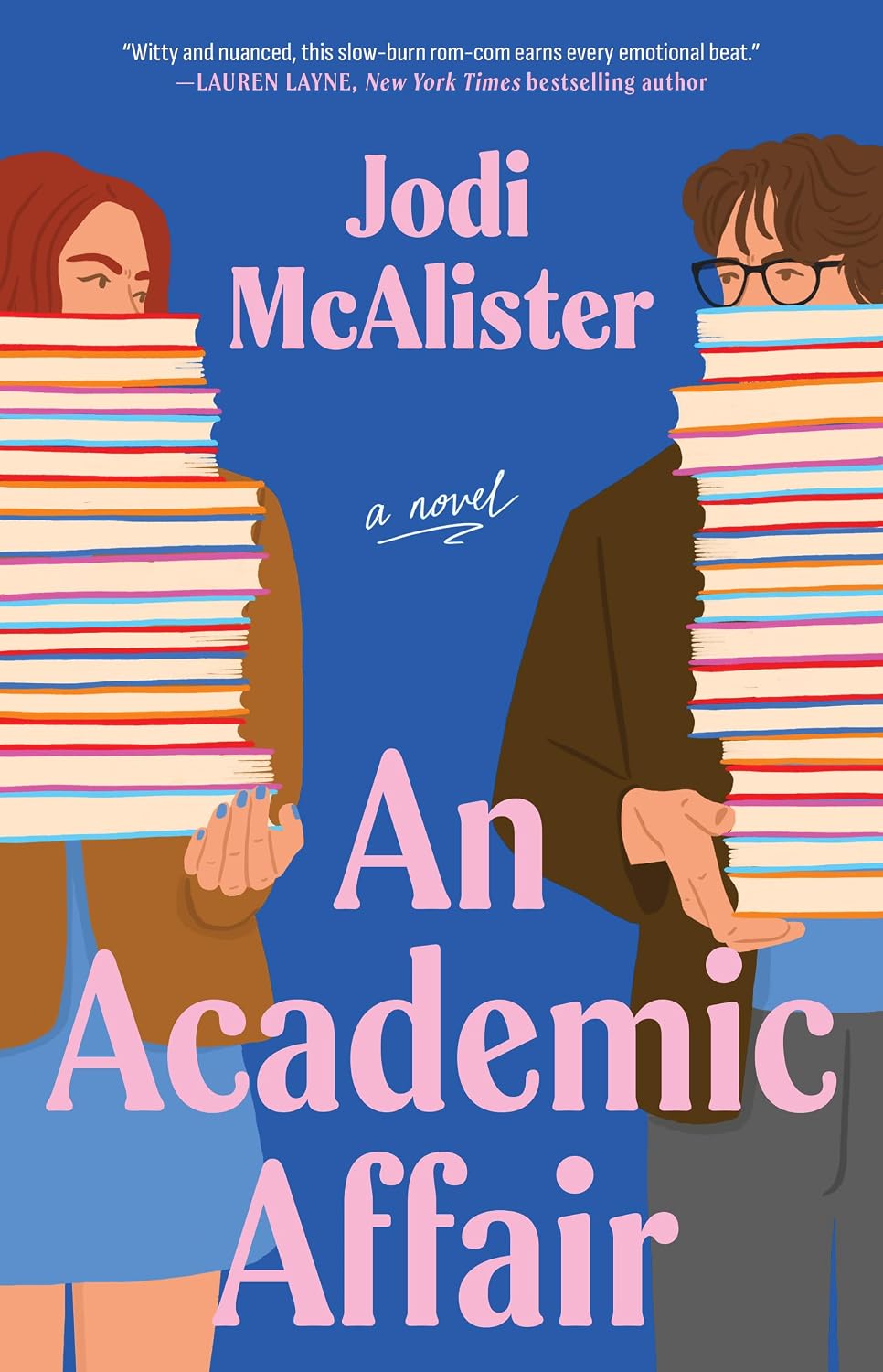 Book cover of 'An Academic Affair' by Jodi McAlister with two people holding stacks of books.