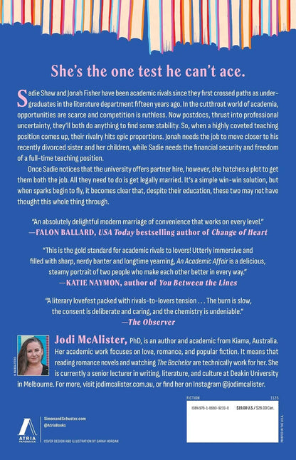 A blue informational flyer or poster with white text, featuring a quote about academic careers and marriage, a small portrait photo of Jodi McAlister, and the Atria logo at the bottom.