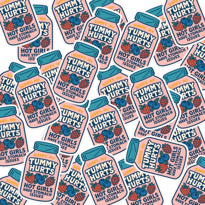 Pattern of 'Tummy Hurts' stickers with text and graphics on a white background