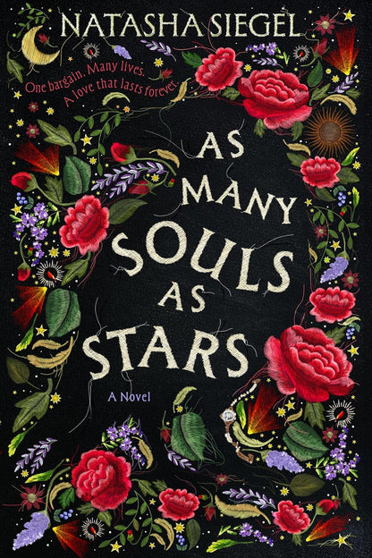 Book cover of 'As Many Souls as Stars' by Natasha Siegel with floral and celestial design.