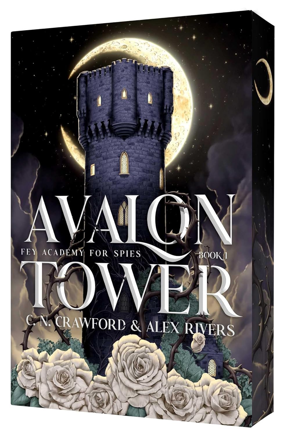 Book cover of 'Avalon Tower' with a castle and moon design.