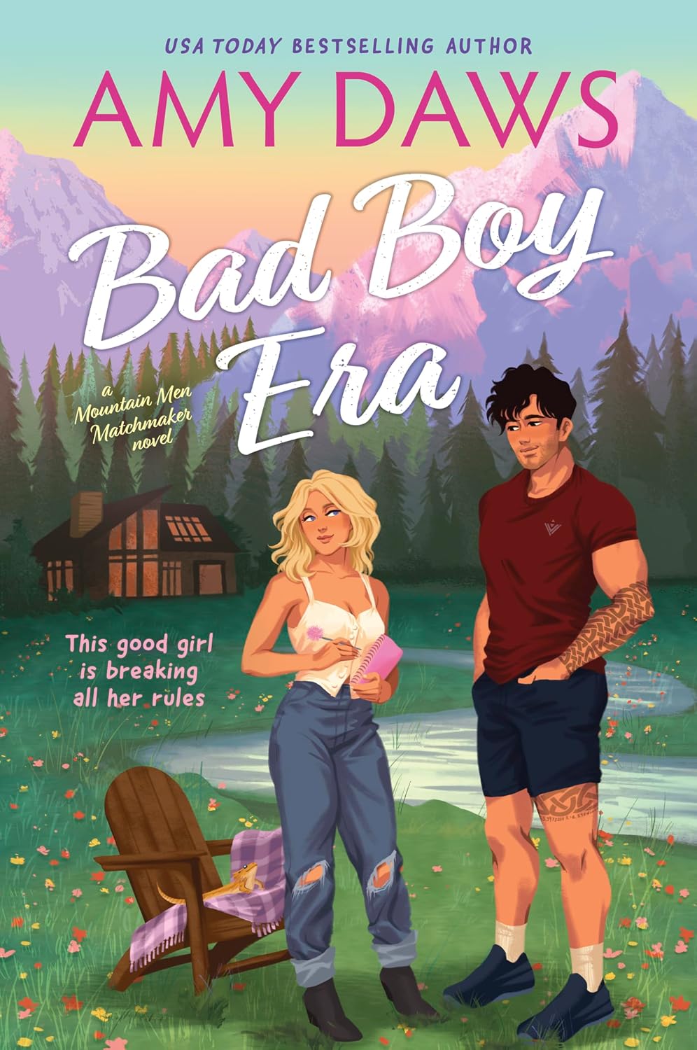 Book cover of 'Bad Boy Era' by Amy Daws featuring a couple by a lake with mountains in the background.
