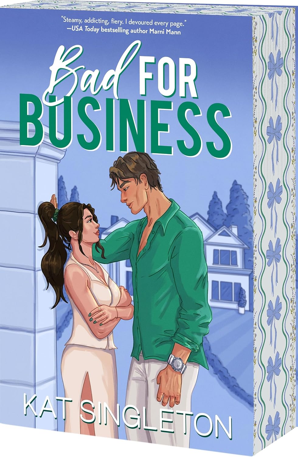 Book cover of 'Bad for Business' by Kat Singleton featuring a couple embracing outdoors.