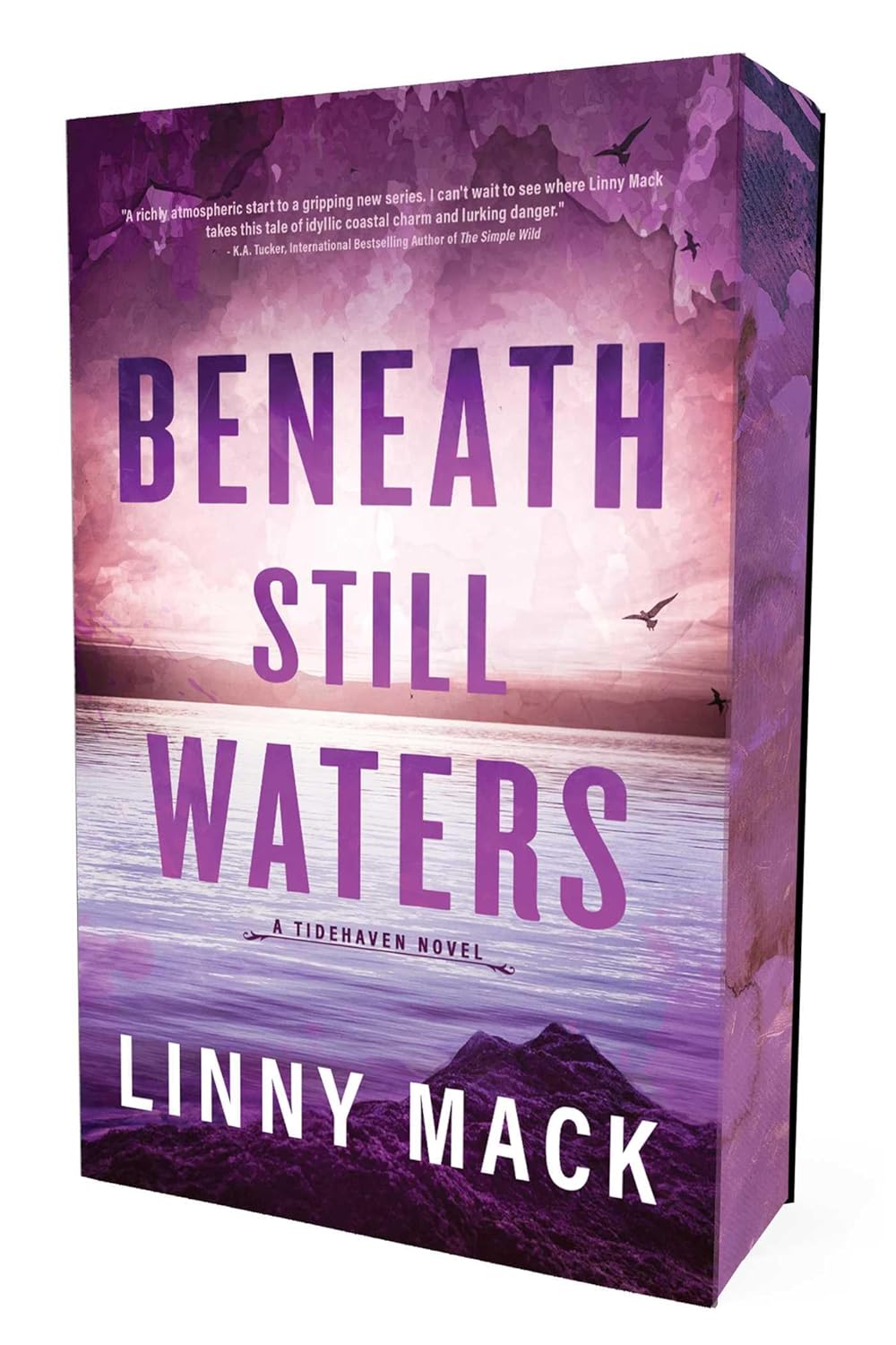 Book cover of 'Beneath Still Waters' by Linny Mack with a purple and pink color scheme.