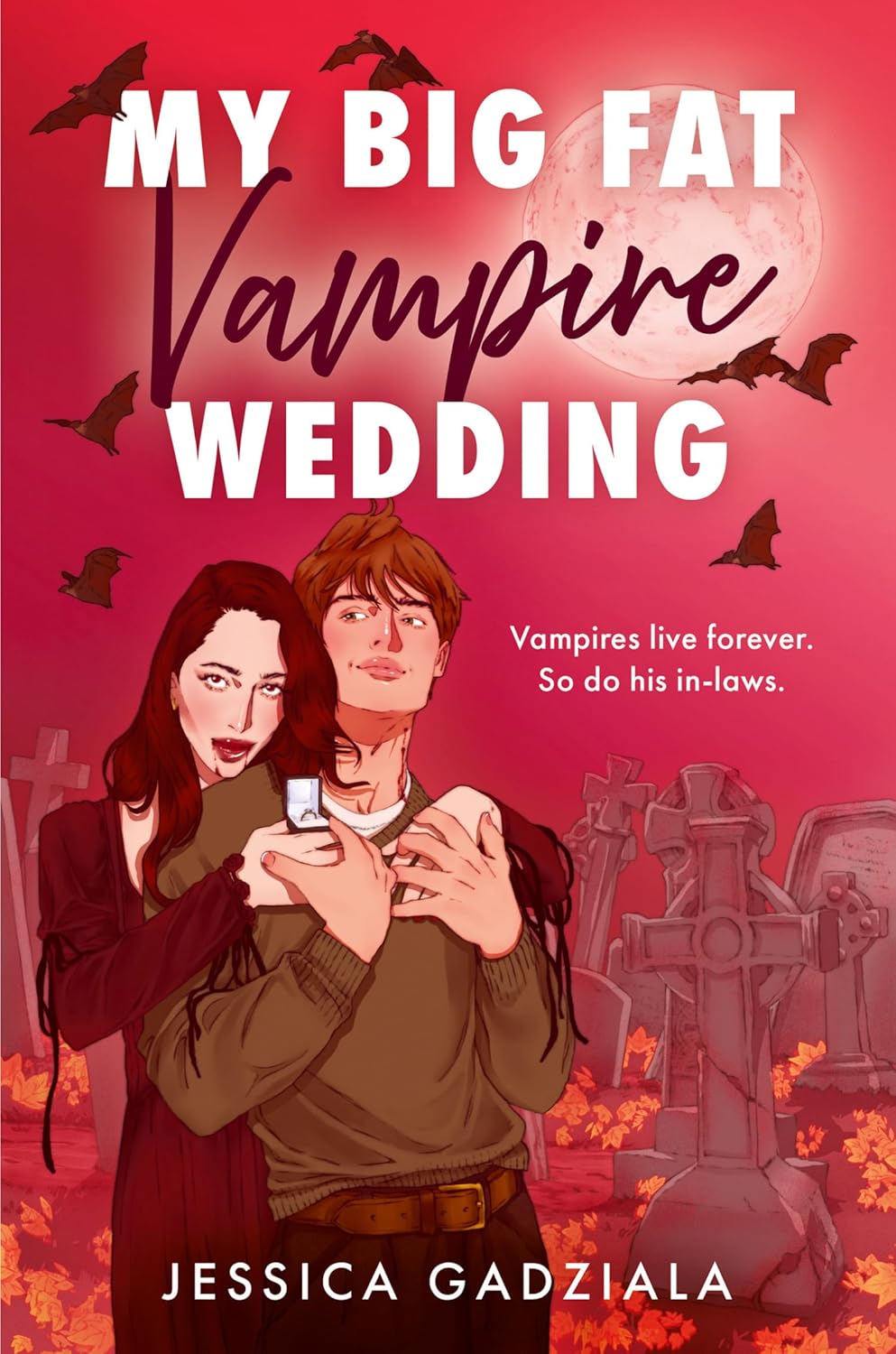 The book "my big fat vampire wedding" by Jessica Gadziala with a couple embracing in a graveyard.