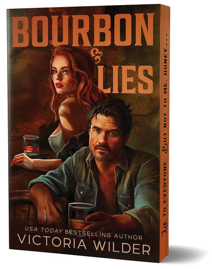Book cover of 'Bourbon & Lies' featuring a man and woman with drinks, Victoria Wilder's name on the spine.