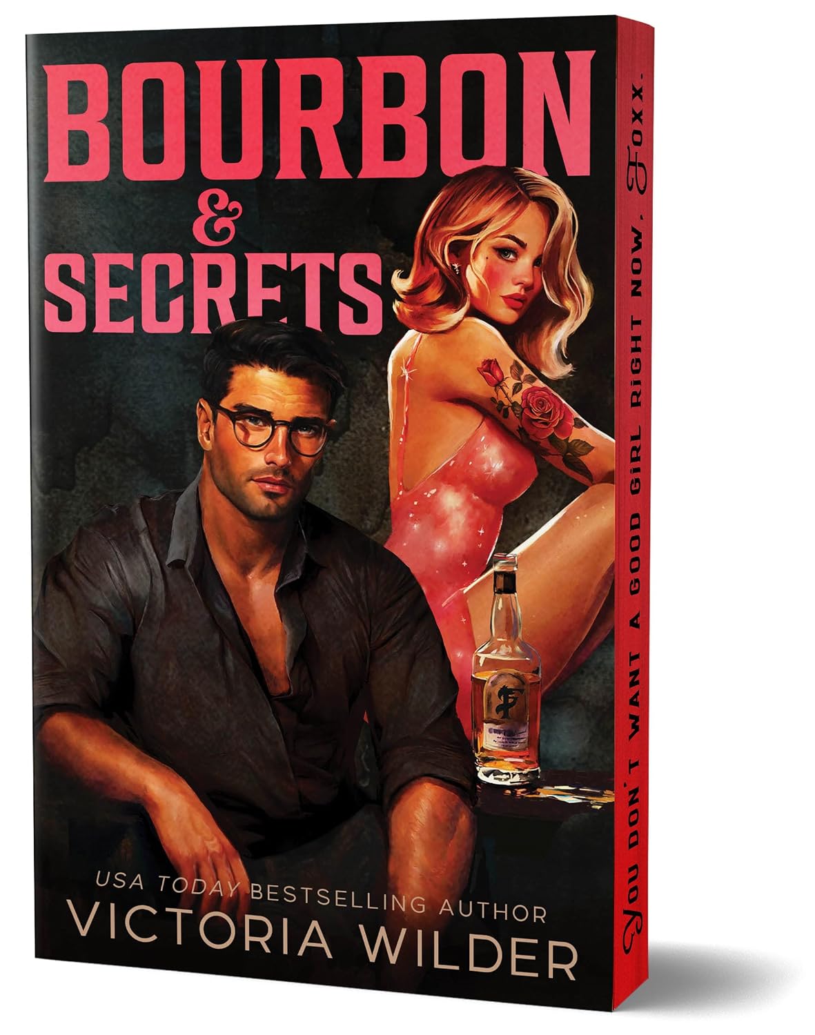 Book cover of 'Bourbon & Secrets' featuring a man and a woman with a bottle of bourbon.