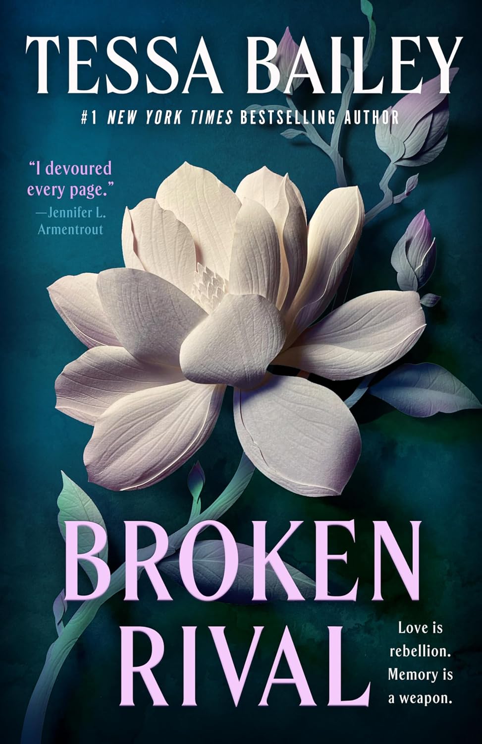 Book cover of 'Broken Rival' by Tessa Bailey featuring a white flower on a dark background.