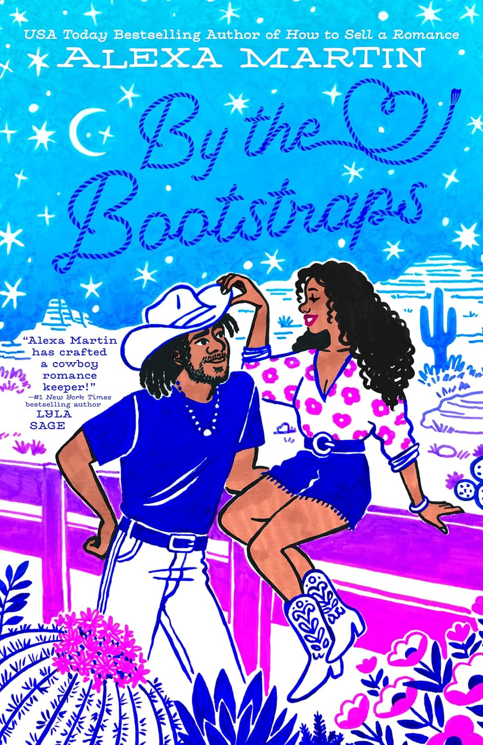 Book cover of 'By the Bootstraps' by Alexa Martin with a cowboy and cowgirl in a desert setting.