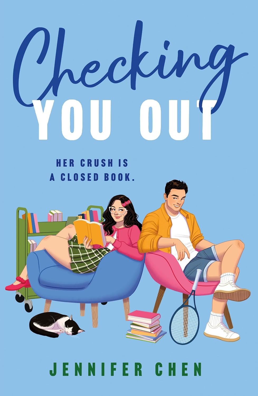 Book cover of 'Checking You Out' with two people sitting on a couch, a cat, and books.