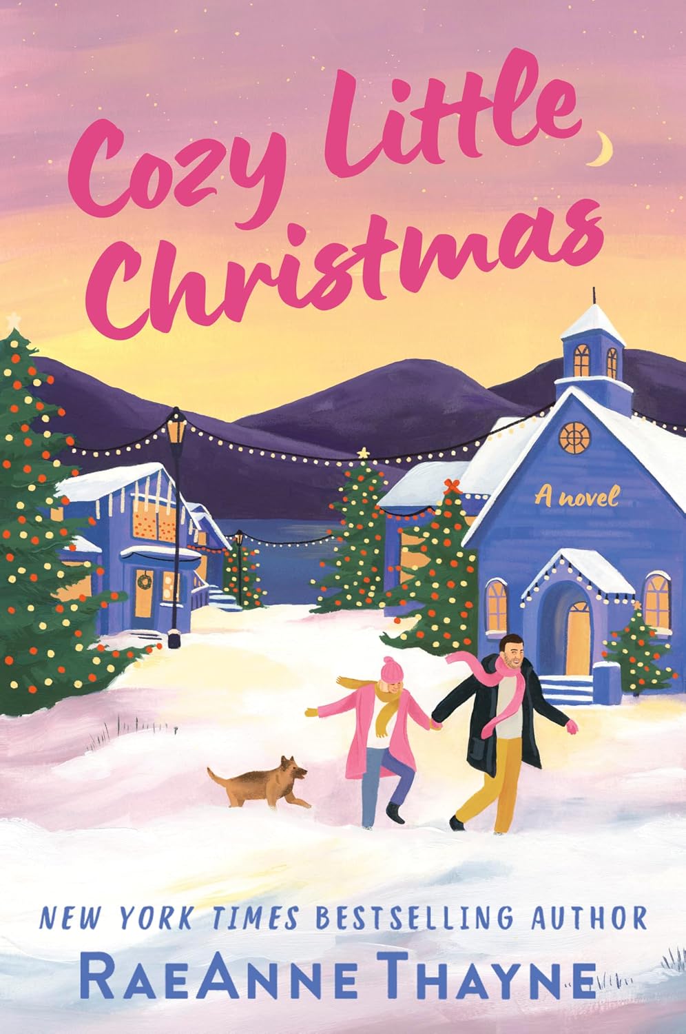 Book cover for 'Cozy Little Christmas' by RaeAnne Thayne, featuring a snowy winter village scene with colorful houses, decorated Christmas trees, mountains, and three children walking in the snow toward a blue church. The title is written in large pink script at the top.