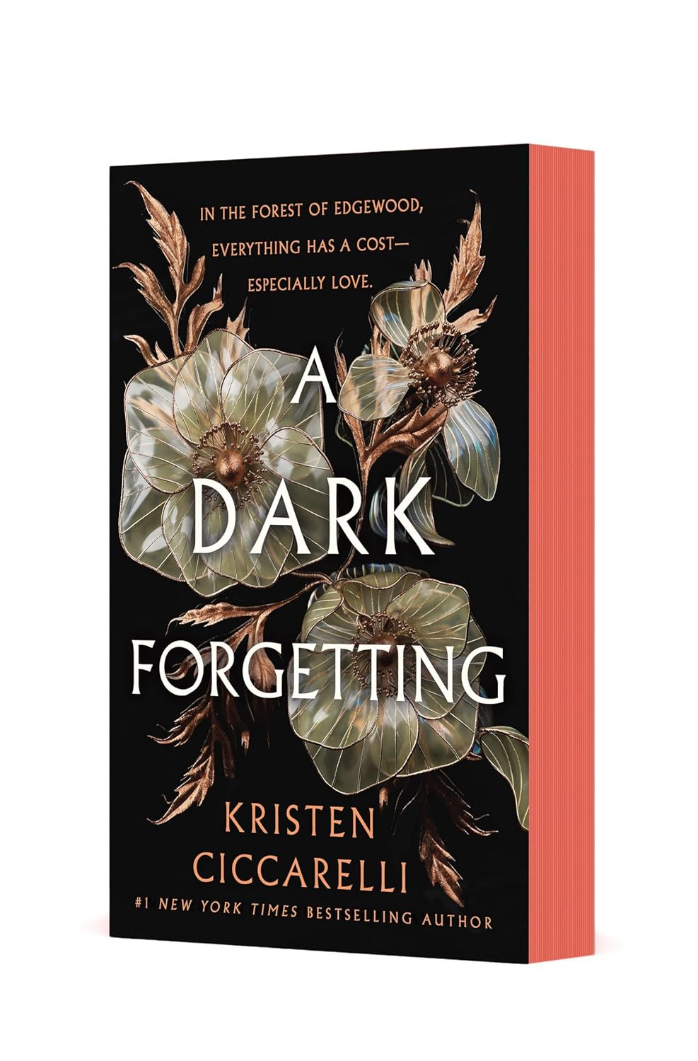 Book cover of 'A Dark Forgetting' by Kristen Ciccarelli with floral design on a black background