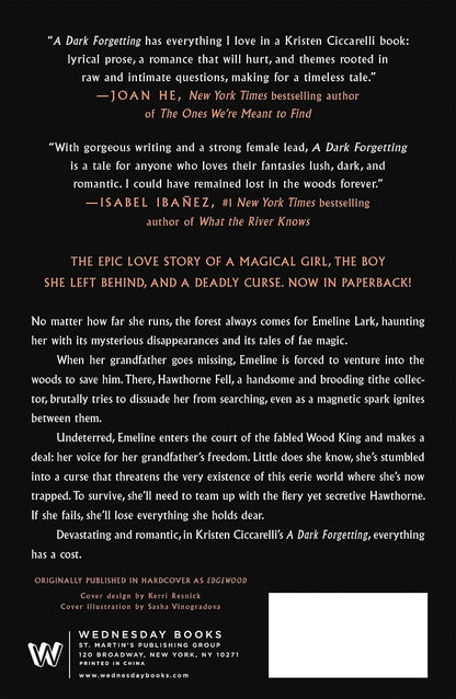 Back cover of the paperback book 'A Dark Forgetting' by Kristen Ciocciarello, featuring white and gold text on a black background with critical reviews and publisher details for Wednesday Books.