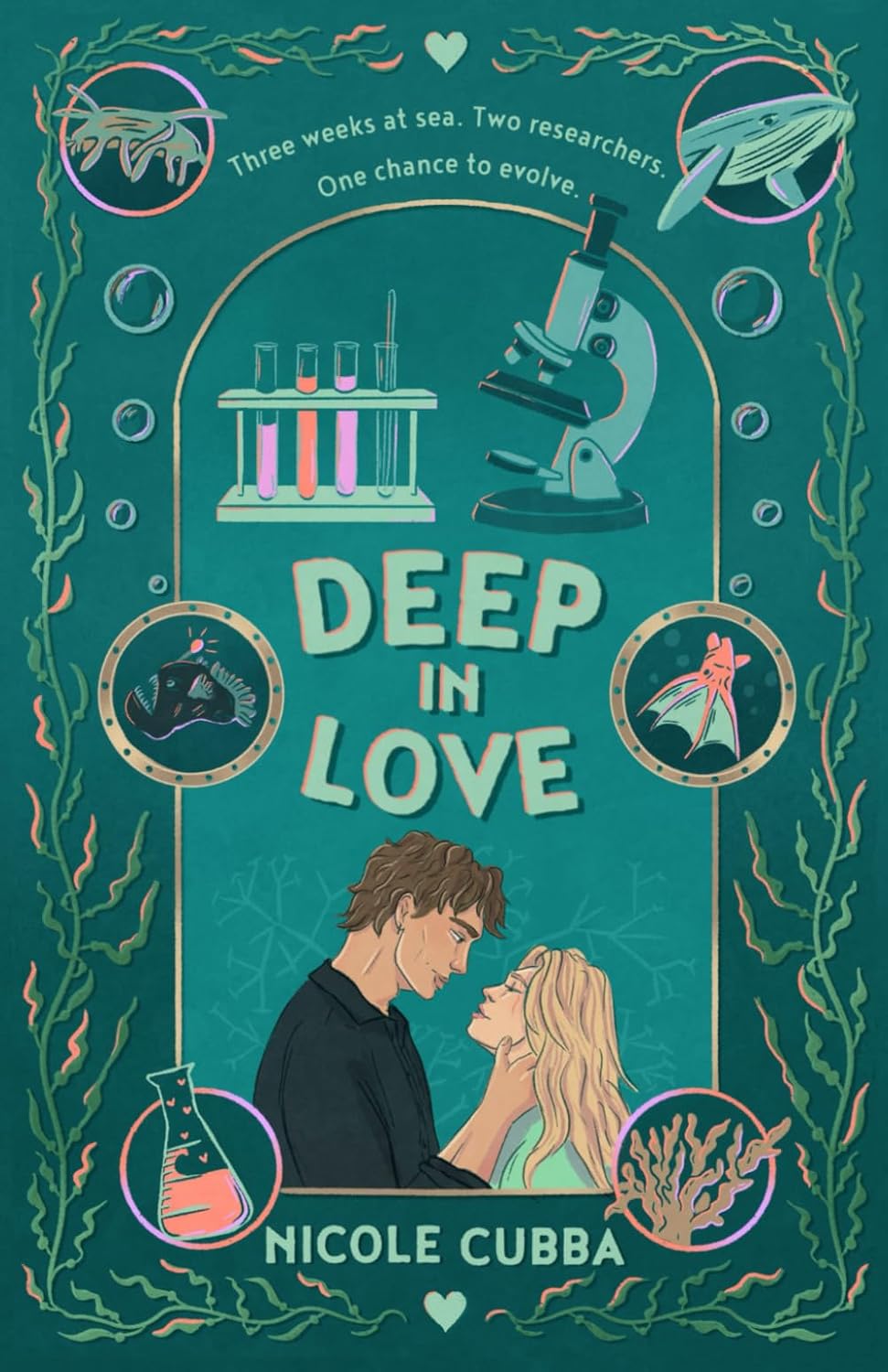 Book cover of 'Deep in Love' by Nicole Cubba with a couple embracing underwater and scientific elements.