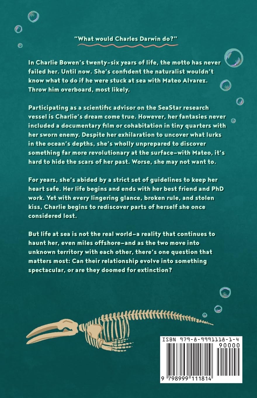 Back cover of a book with a dark teal background, multiple paragraphs of white text, a small illustration of a fish skeleton near the bottom, and a barcode with ISBN at the lower right.