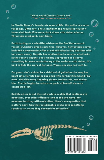 Back cover of a book with a dark teal background, multiple paragraphs of white text, a small illustration of a fish skeleton near the bottom, and a barcode with ISBN at the lower right.