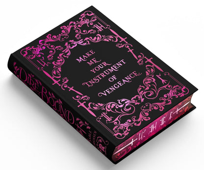 Book with ornate pink designs and text on a black background