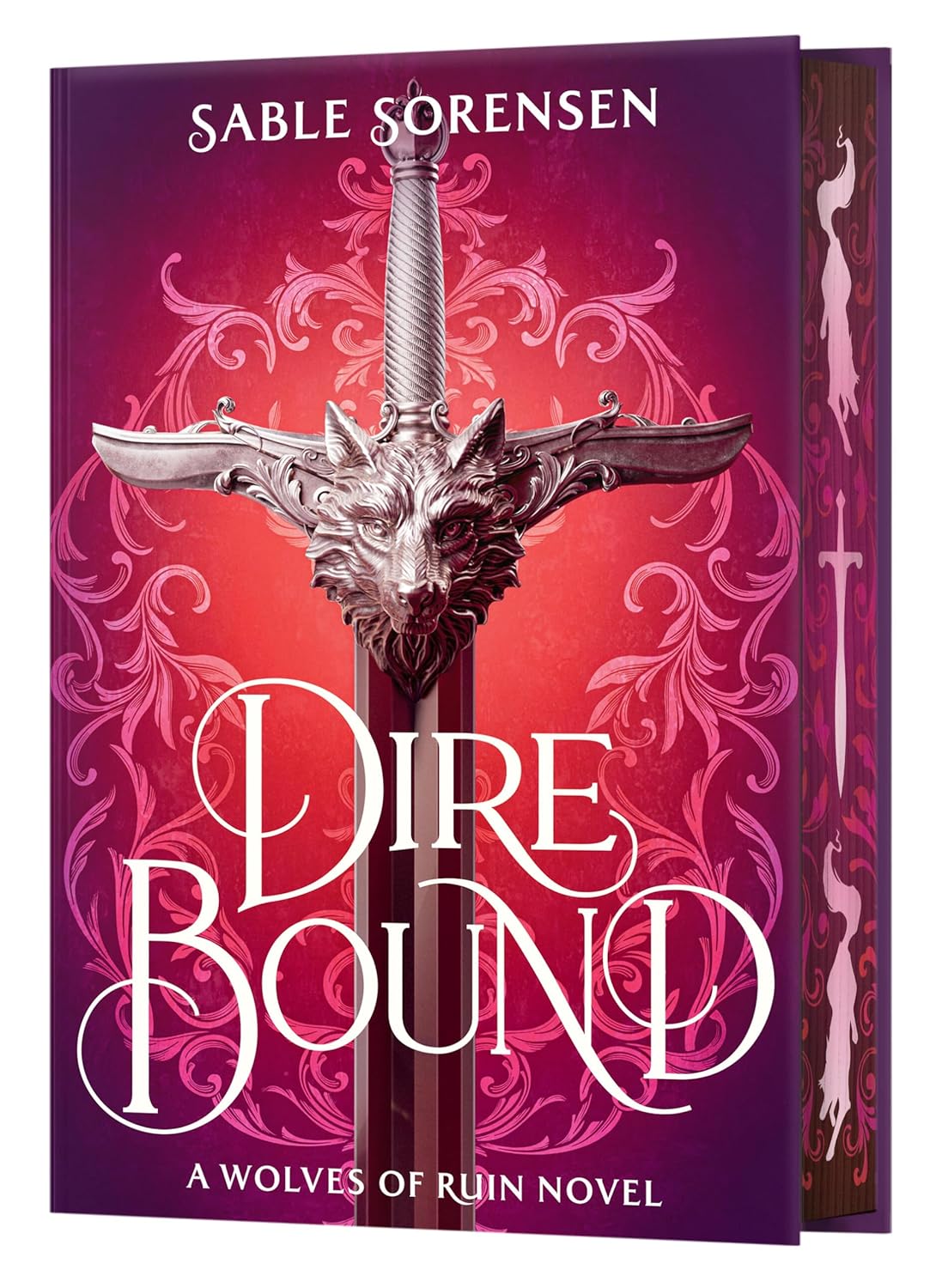 Book cover of 'Dire Bound' by Sable Sorensen with a sword and wolf design on a purple and red background.