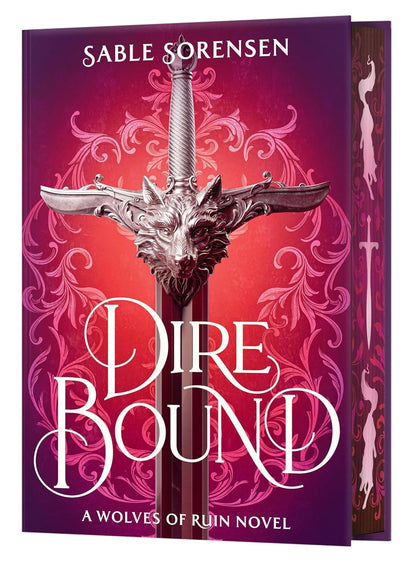 Book cover of 'Dire Bound' by Sable Sorensen with a sword and wolf design on a purple and red background.