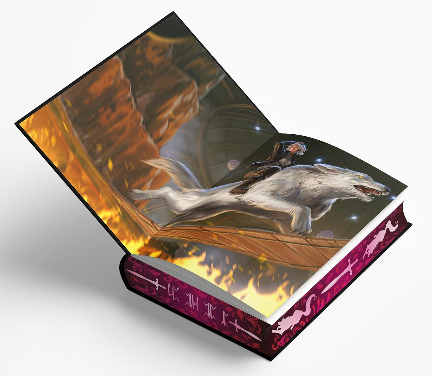 End paper illustration with person riding a wolf through flames