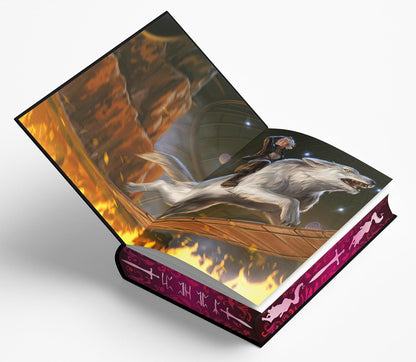 End paper illustration with person riding a wolf through flames