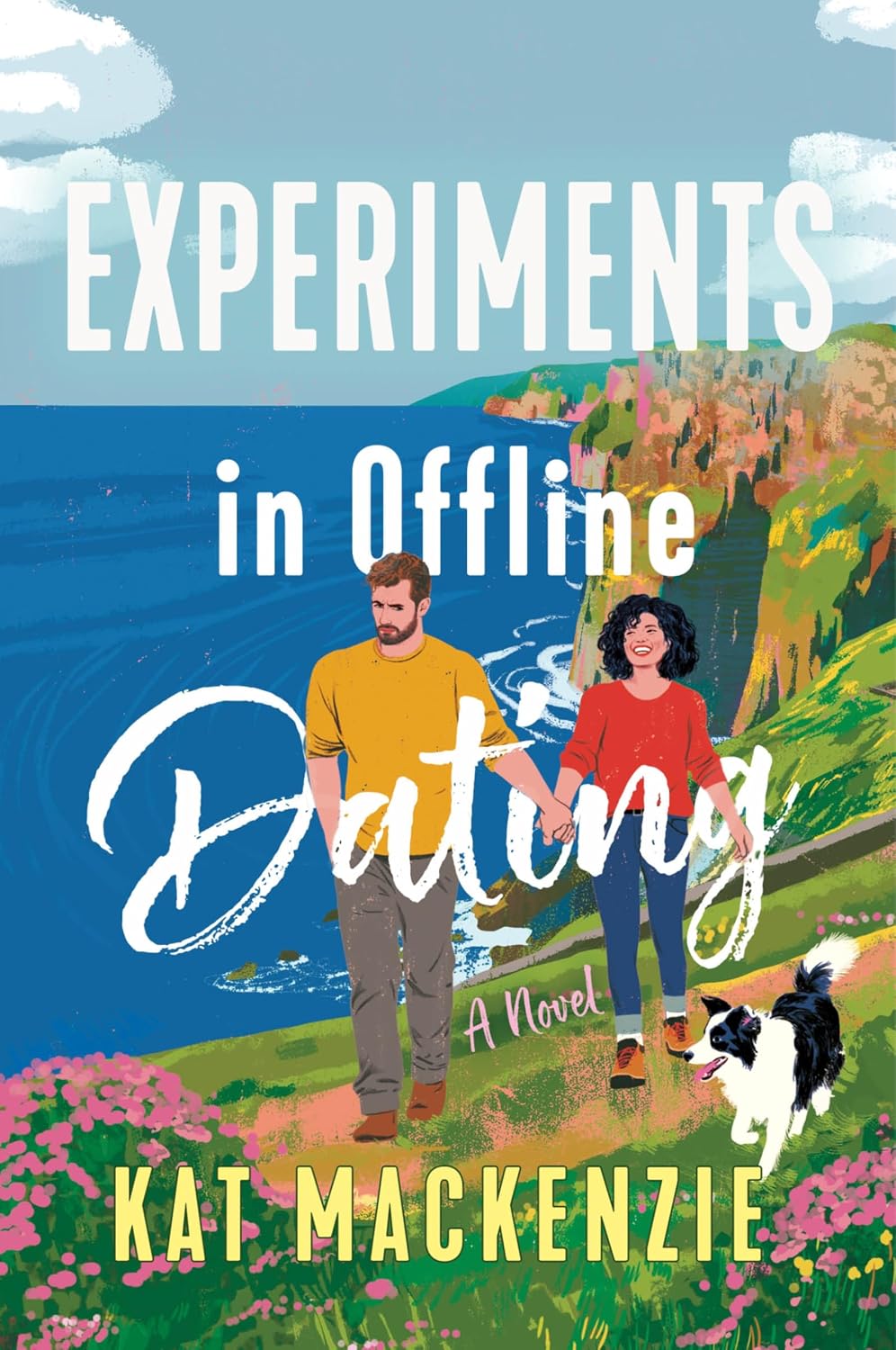 Book cover of 'Experiments in Offline Dating' by Kat MacKenzie with a couple and dog on a path by a lake.