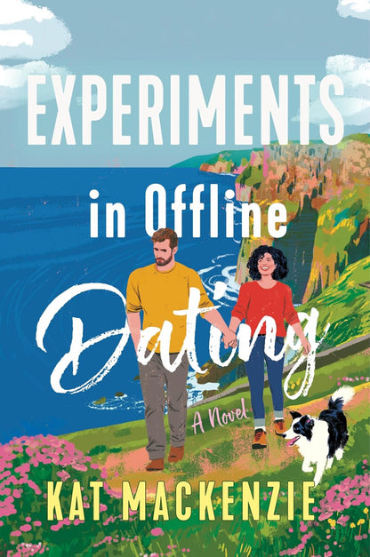 Book cover of 'Experiments in Offline Dating' by Kat MacKenzie with a couple and dog on a path by a lake.