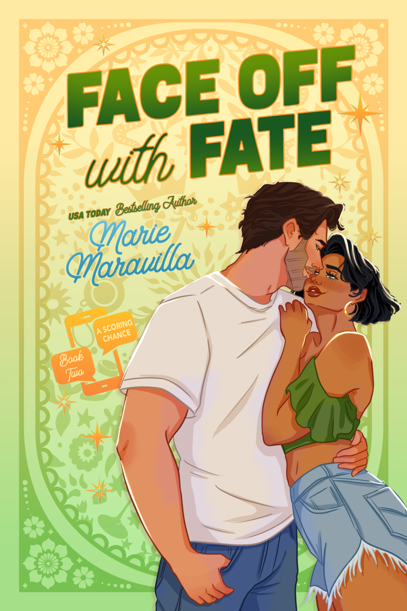 Illustrated book cover for 'Face Off with Fate' by Marie Maravilla, showing a man in a white t-shirt and blue jeans embracing a woman in a green ruffled top and denim skirt against a decorative cream and green floral background.