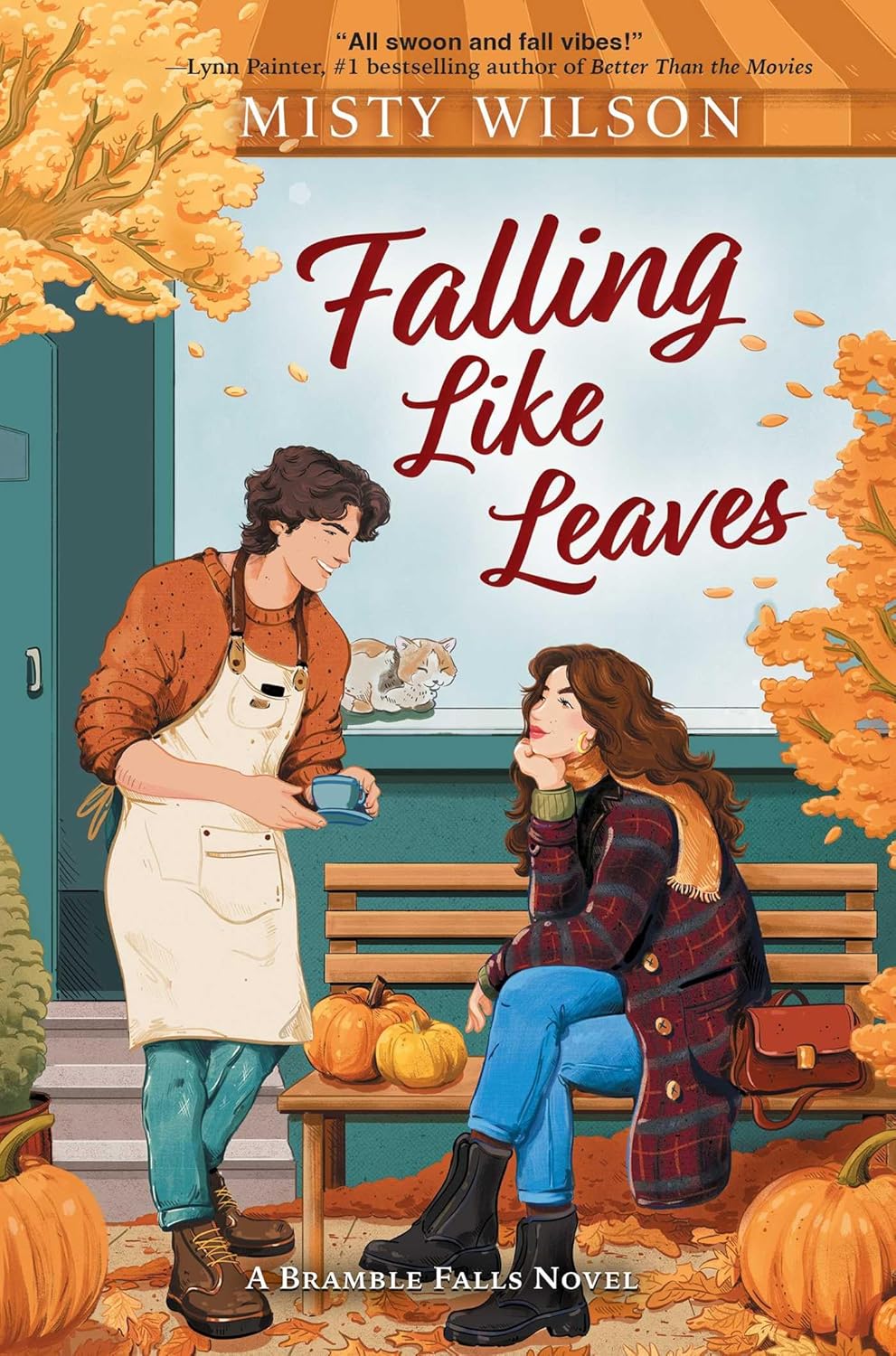 Book cover of 'Falling Like Leaves' by Misty Wilson with two characters on a bench in an autumn setting.