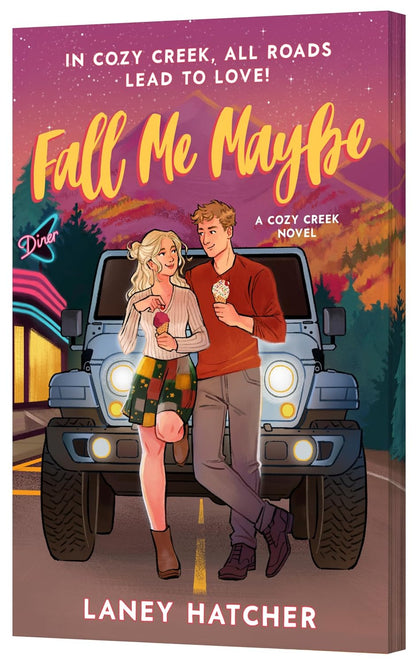 Book cover of 'Fall Me Maybe' by Laney Hatcher featuring a couple in front of a jeep with a purple sky.