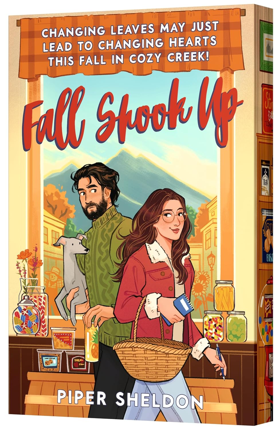 Book cover of 'Fall Shook Up' by Piper Sheldon featuring a couple and a dog in a store.