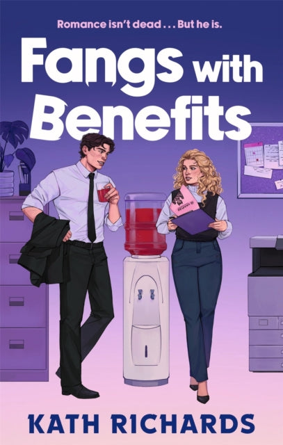 Book cover of 'Fangs with Benefits' by Kath Richards featuring two characters near a water cooler.