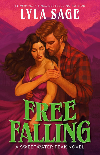 Book cover for 'Free Falling' by Lyla Sage, featuring an illustration of a man and woman embracing against a pink and purple mountain background, with the title in large green letters. 