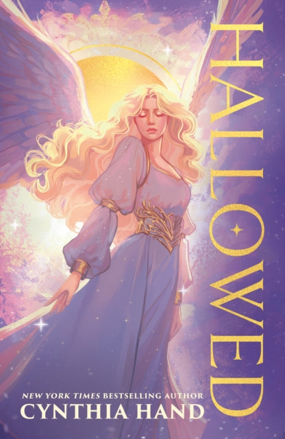 Book cover of 'Hallowed' featuring a winged figure with a purple and gold color scheme.
