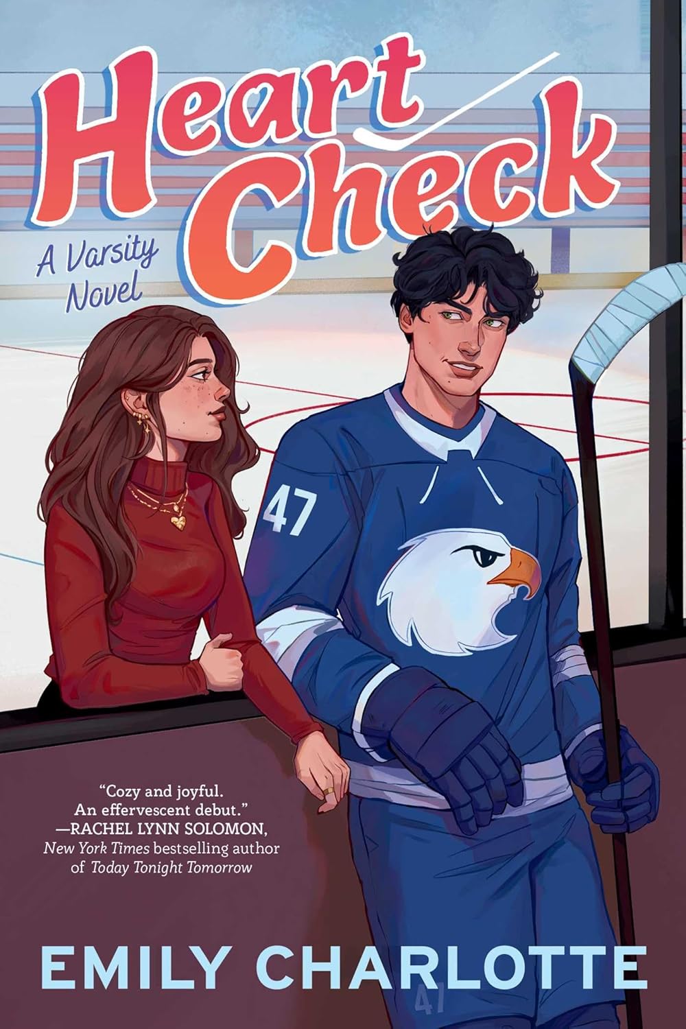 Book cover of 'Heart Check' featuring a hockey player and a girl, with text about the author and book description.