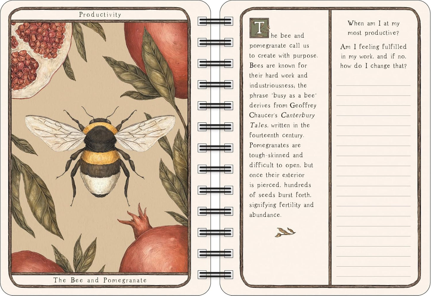 An open spiral-bound notebook showing a vintage-style illustrated page titled 'Productivity' with a bee and pomegranate, alongside a lined writing page with text about bees and pomegranates.