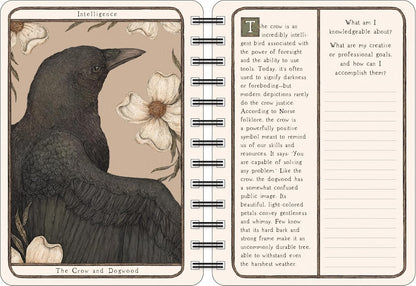 Open book with a crow illustration and text on a beige background