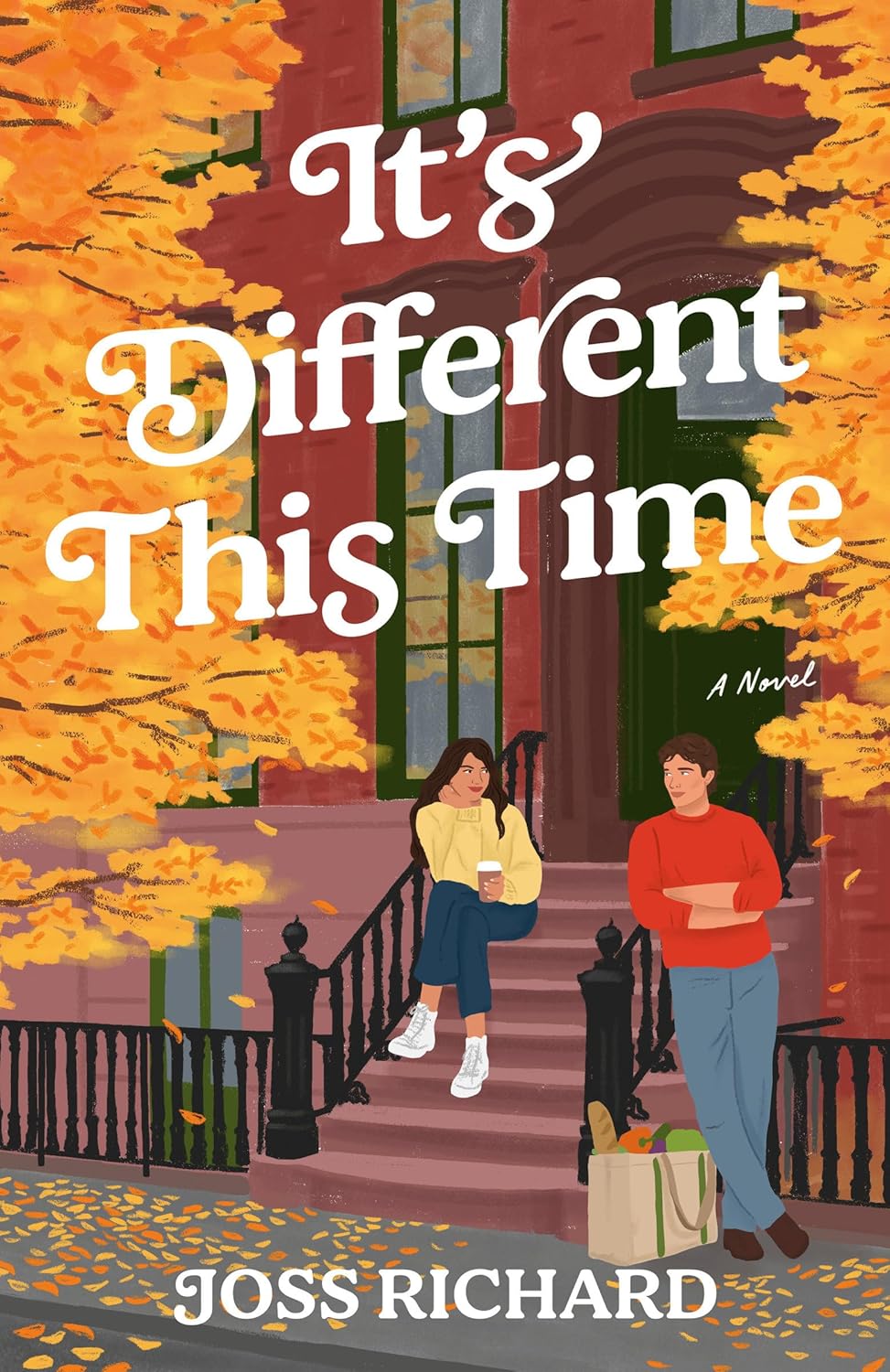 Book cover of 'It's Different This Time' by Joss Richard with two people on a staircase in autumn.