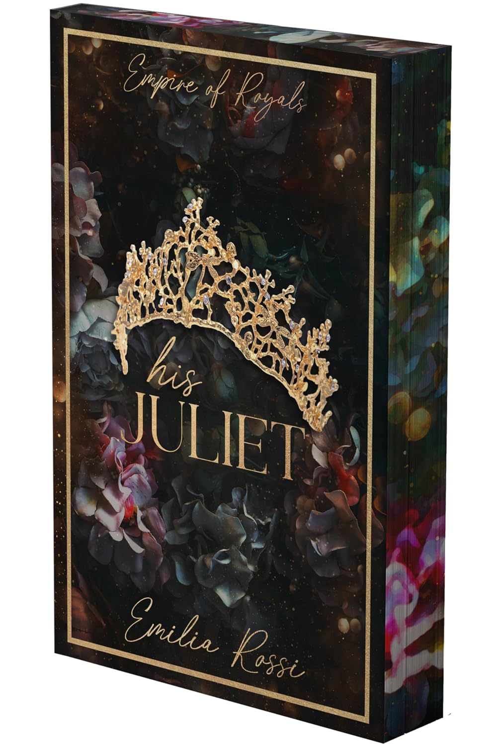 Product packaging for 'His Juliet' by Emilia Rossi with a gold tiara design on a dark floral background.