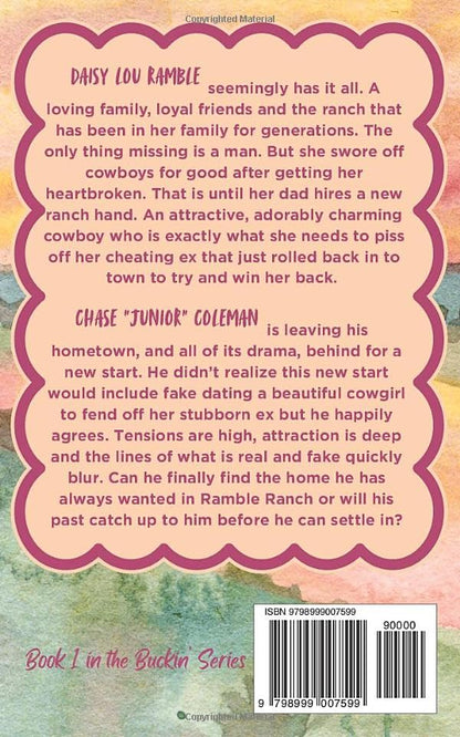 Book back cover, featuring a large pink heart-shaped border around two character summaries on a pastel multicolor background with a barcode at the bottom.