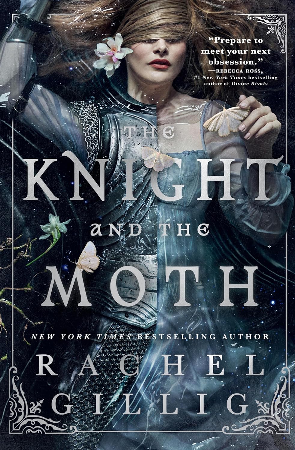 Book cover of 'The Knight and the Moth' by Rachel Gillig with a woman in armor holding flowers.