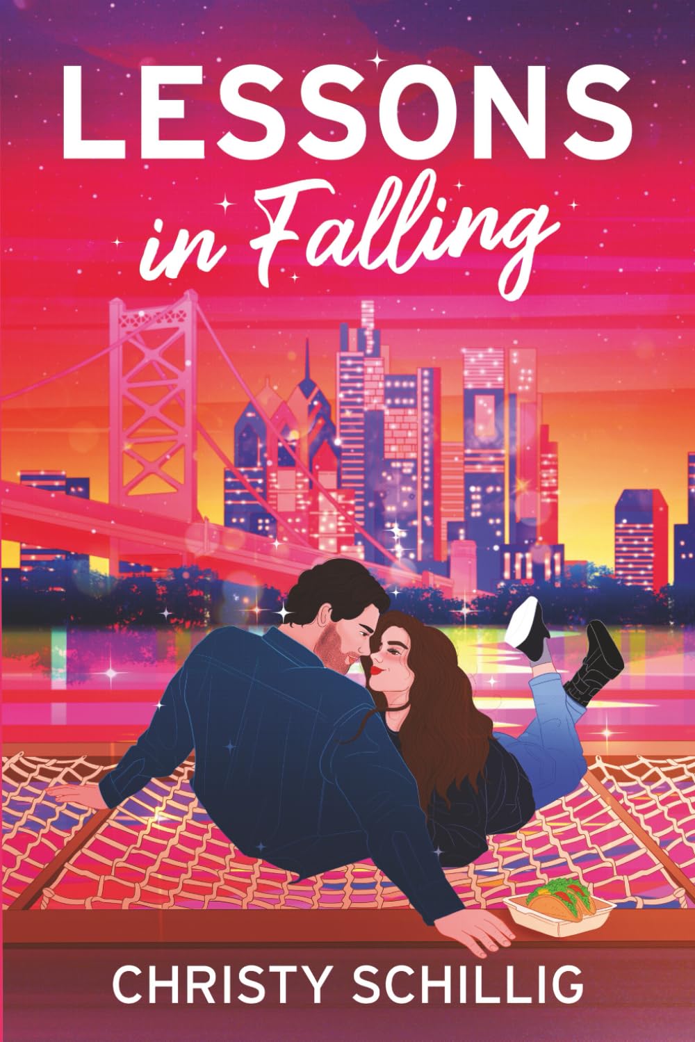 Book cover of 'Lessons in Falling' with a couple embracing on a bridge over a cityscape.