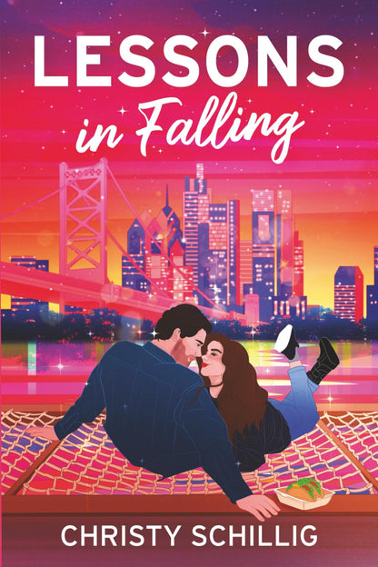 Book cover of 'Lessons in Falling' with a couple embracing on a bridge over a cityscape.