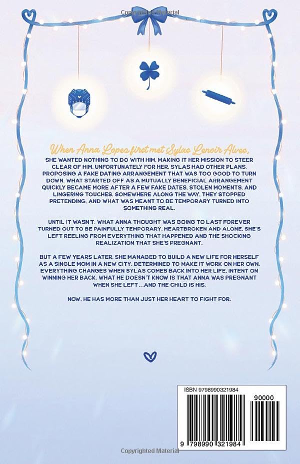 Back cover of a book featuring a light blue and white decorative border with blue bows, a central title in gold script, a block of black text, and a barcode at the bottom right.