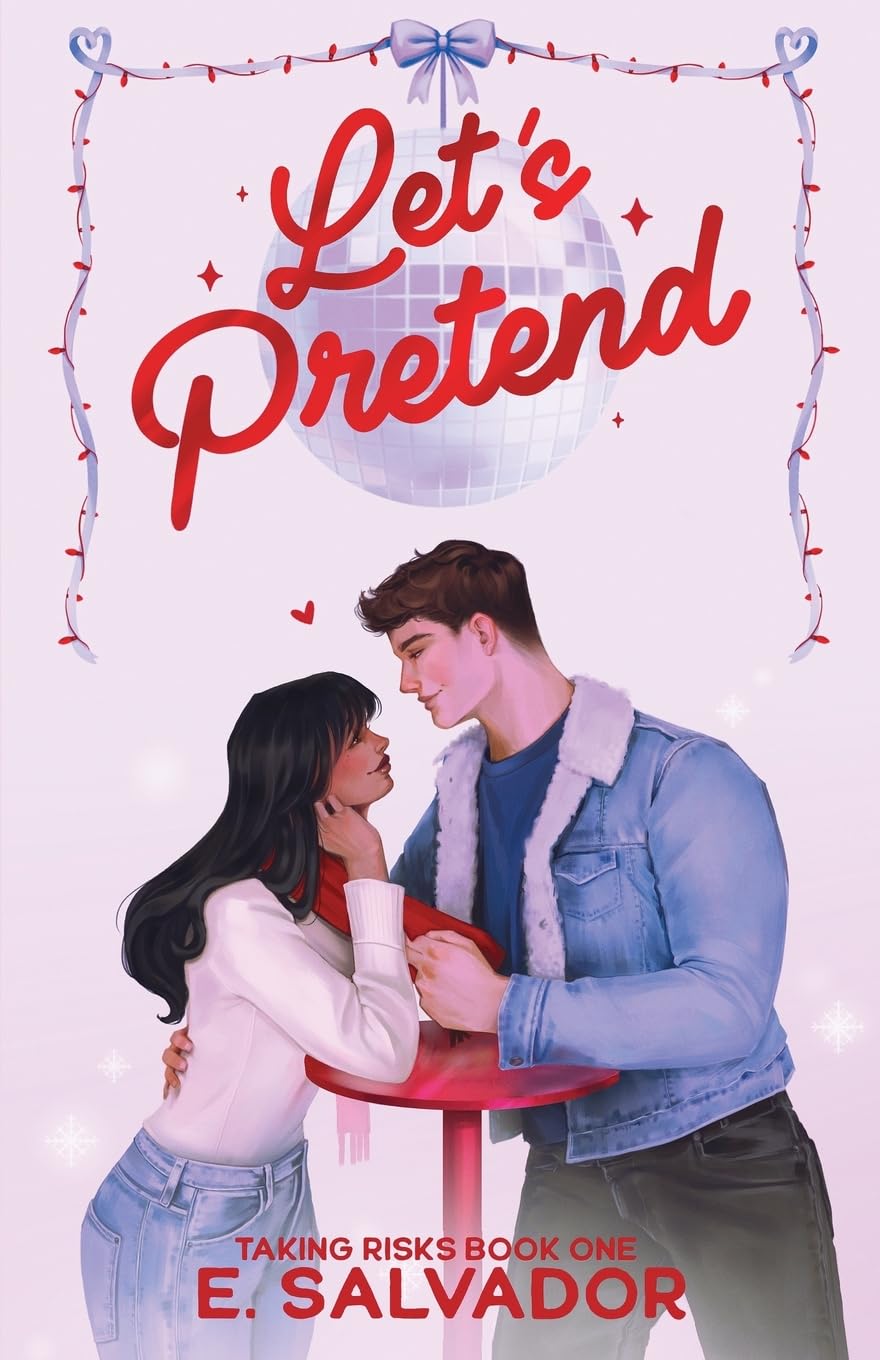 Book cover of 'Let's Pretend' with two people at a table, surrounded by decorative elements.
