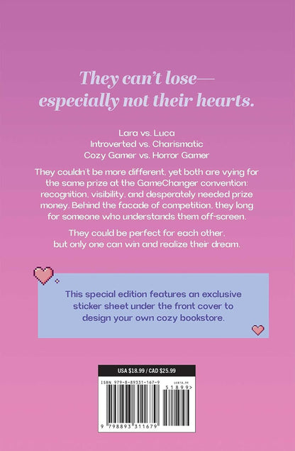 Back cover of a book or booklet on a pink background, with white title text, descriptive copy, a light blue box containing a sticker order message, and a barcode at the bottom.