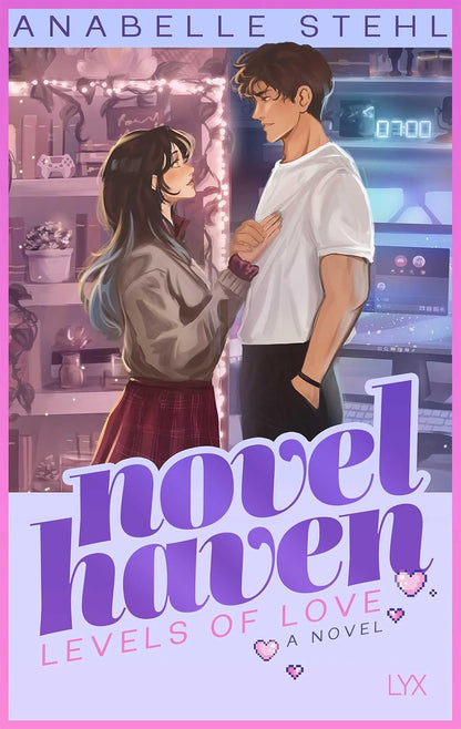Book cover for 'novel haven: Levels of Love' by Anabelle Stehl, featuring an illustrated anime-style couple in a cozy room, with large purple title text and a pink border.