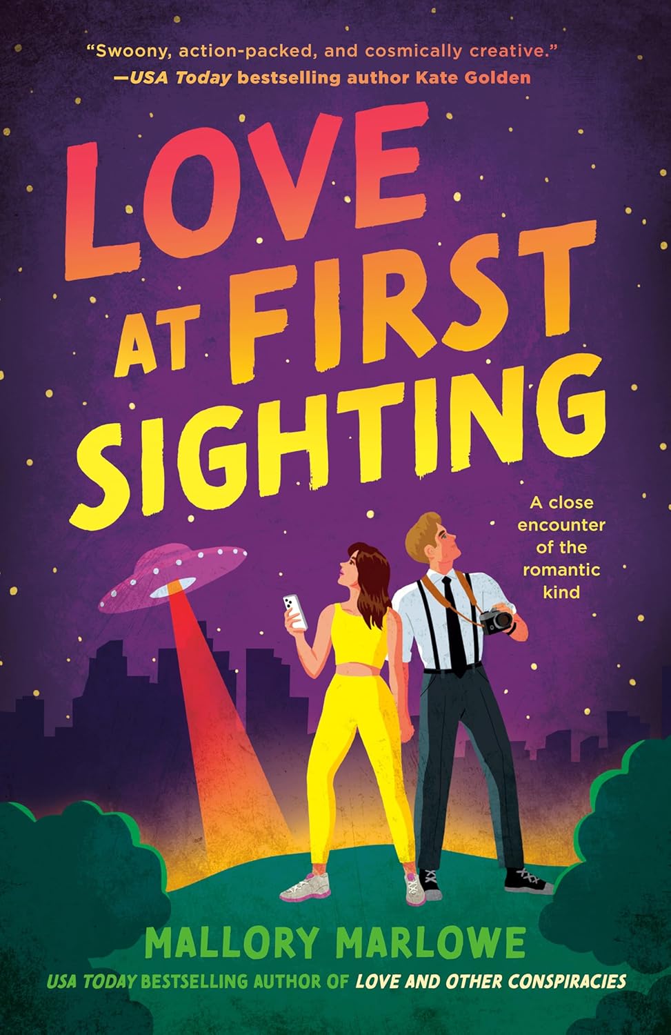 Book cover of 'Love at First Sighting' with a futuristic cityscape and two characters.